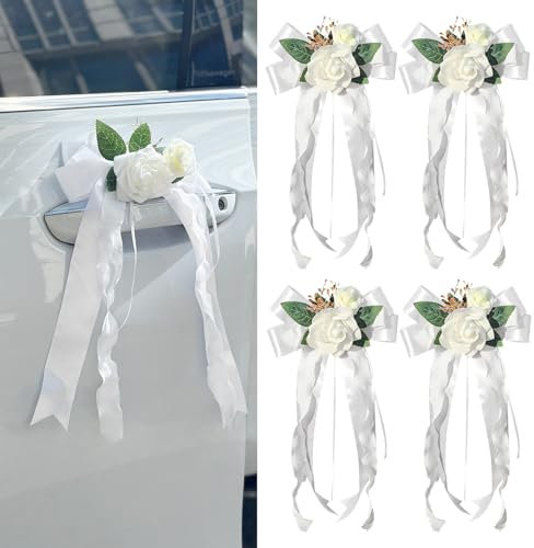 4 piezas de decoración de manija de puerta de coche de boda, flores artificiales blancas con cintas de lazo, accesorios automotrices recién casados para manijas de puerta de vehículo