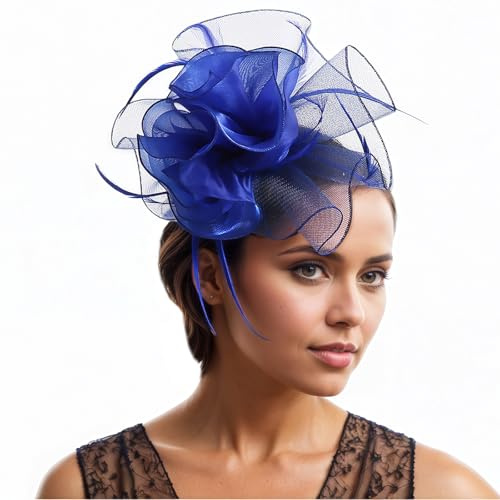 MUNSKT Damen Fascinators Fascinator Hüte für Damen Hut Cocktail Party Tee Kopfbedeckung Blume Mesh Organza Bänder Federn auf Einem Stirnband Tea Party Kopfbedeckung
