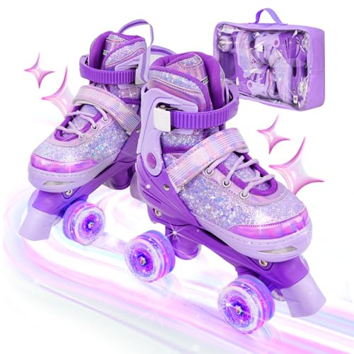 HolaDream Adjustable Kids Roller Skates with Light Up Wheels,Ages 3-12 | Max Protection For Beginners, Mute ABEC-7 Bearings Wheel, 4-Size Adjustable Fit, for Indoor Outdoor Sports