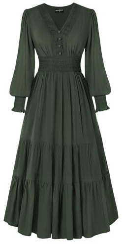 SCARLET DARKNESS Renaissance Maxi Dress Women Long Sleeve V Neck Pleated Waist Lace Trim Dresses Olive Green S