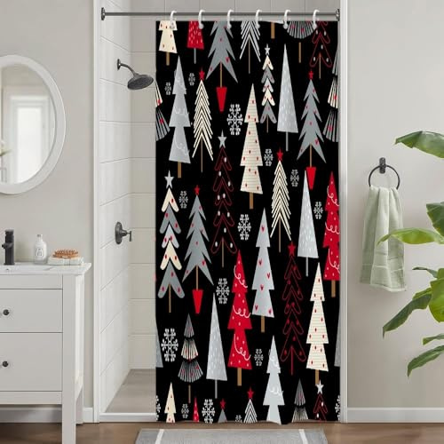 Uiiooazy Tenda Doccia Antimuffa, Tenda da Doccia Piccola 90x180cm Nero Natale Astratta Rosso Grigio Albero di Natale Tende da Bagno Tessuto Lavabile Impermeabile Tende per Vasca da Bagno con 6 Anelli