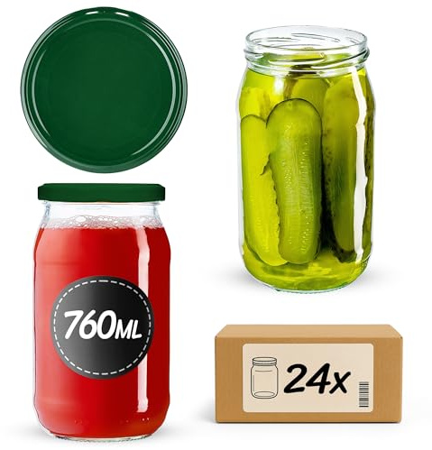 KADAX 24er Set Einmachgläser 760ml TO82 Grün, Große Sturzgläser mit Schraubdeckel, Einkochgläser Fermentierglas für Gurken, Gemüse, Sauerteig