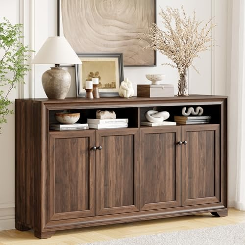 ONBRILL 60 Inches Sideboard Buffet Cabinet with Storage, 4 Doors Large Sideboard, Kitchen Cabinet with Open Shelf & Adjustable Shelf, Kitchen Coffee Bar Console Table for Living Room, Hallway, Brown