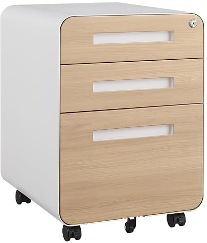 Rullcontainer arkivskåp av metall med 3 lådor och 5 hjul, låsbart kontorsskåp, under skrivbord, kontorsskåp för hem och kontor, 46 × 40 × 58 cm (vit + natur)