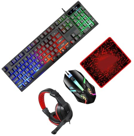 SMASOLO Clavier de Jeu Rétroéclairé Clavier-Souris Tapis de Souris et Casque Filaire Bureau Compact Noir