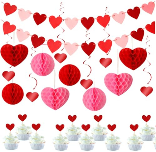 Set di decorazioni romantiche per San Valentino, striscione a forma di cuore con palline a nido d'ape e spirali appese, decorazione per torta a forma di cuore per matrimonio