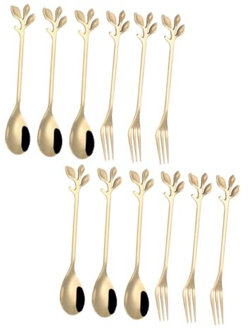 DOITOOL 12 piezas Cucharillas y Tenedores de Postre Acero Inoxidable con Diseño Dorada Cucharas Pequeñas para Café Aperitivos y Repostería Mango Antideslizante y Elegante para Menaje de
