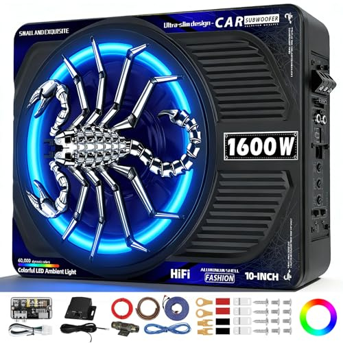 TZGBASS 2026 Upgraded 1600W Slim Underseat Car Subwoofer and Amp Package with RGB Beat-Synced Light, Built-in Class D Amplifier, Low Pass/Gain/Bass Boost Control, Deep Subsonic Bass for Truck SUV Jeep