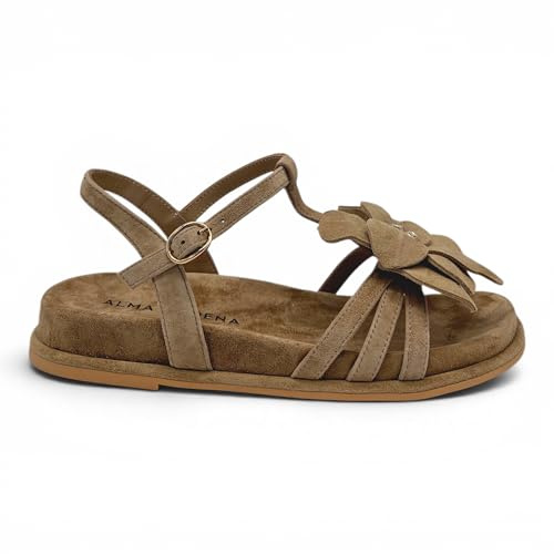 Alma en Pena - Sandalo Donna flat in pelle scamosciata. Decorazione a fiore e cinturino regolabile. Desing comodo estate. (Beige, Sistema Taglie Calzature EU, Adulto, Donna, Numero, Media, 40)