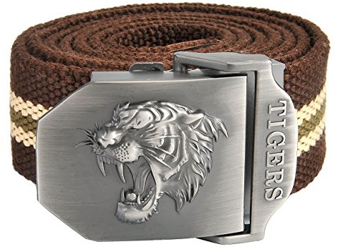 Faletony Herren Militär Gürtel Stoffgürtel mit Tiger kopf Schnalle Leinwand Canvas Jeansgürtel Belts 140cm + Original Geschenkbox