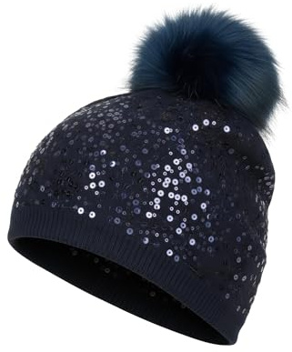 styleBREAKER Feinstrick Bommelmütze mit Pailletten und abnehmbarem Kunstfell Bommel, Fellbommel Mütze, Damen 04024134, Farbe:Dunkelblau