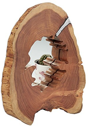 Relaxdays Dekospiegel Holz, Handgefertigter Wandspiegel aus Akazienholz, Baumscheibe rund, 45 bis 50 cm groß, natur