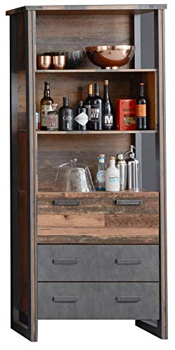 trendteam smart living - Prime - Kommode - Grau Matt/Eiche - Stauraumregal mit 3 offenen Fächern, 1 Klappe und 2 Schubladen - (BxHxT) 89 x 212 x 42 cm - Standregal mit antikfarbenen Griffen