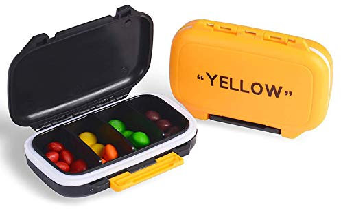 YNester 2 Pack Tablettenbox 7 Tage, Mode Reisen Pillendose 4 Herausnehmbare Fächer Medikamentenbox, Pillendose Leicht Zu Öffnen, Vitamins 7 Tage Pillendose (Gelb + Schwarz)