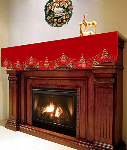 Grelucgo Embroidered Christmas Holiday Holly Tree Mantel Scarf Runner, Mantel Decorations 69 × 17 Inches