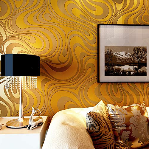 YangYun moderno abstracto curva 3D sin pegar papel tapiz a rayas flocado decoración del hogar papel tapiz para sala de estar negro Dorado 2,3 'W x 27,56' L