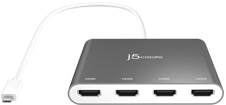 j5create USB-C auf 4 HDMI Anschlüsse Adapter Hub- Multimonitor Verteiler - Unterstützt Vier 1080p 60Hz Anzeigen - Kompatibel mit Typ-C MacBook und Windows (JCA366)