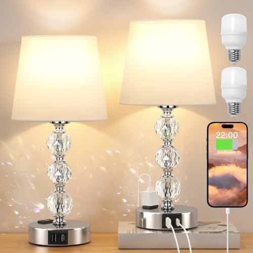 Acaxin 14.6'' Bedside Lamps for Bedrooms Set - Mini Crystal Table Lamps with USB A+C Charging Ports and AC Outlet, 3 Way Dimmable Touch Control Silver Side