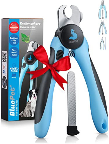 BluePet Krallenschere mit Schutz für Hunde & Katzen I Einsteigerfreundlich I Krallenzange für kleine & große Krallen + Krallenfeile im Griff - Alternative zu Nagelschere & Krallenschleifer