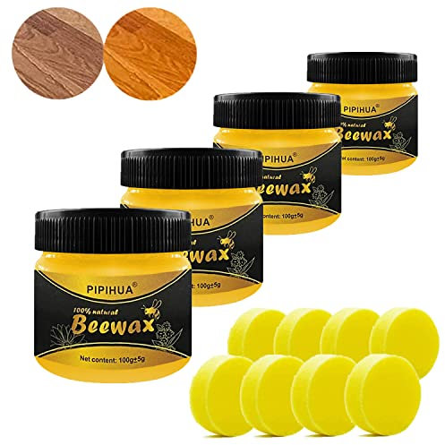 PIPIHUA Beeswax Polish for Wood, Multi-purpose Furniture Polish for Waterproofing & Protection, Natural Beeswax Traditional Wood Wax for All Types and Colours, 4×100g with 8 Sponges
