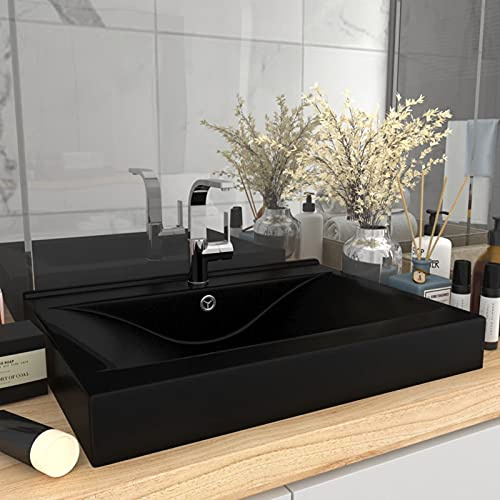 Ksodgun Lavabo avec Trou de Robinet Noir Mat 60x46 cm Céramique Vasque à Poser de Toilette Lave-Mains de Salle de Bain Salle Cosmétique Maison