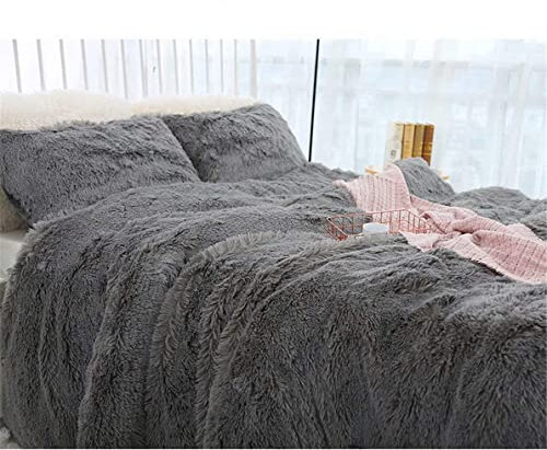 Nerz-Kaschmir-Samt-Bettbezug-Set, Plüsch-Bettwäsche, Bettdeckenbezug, Packung mit 3 ultraweichen Klimaanlagen-Bettbezügen und Kissenbezügen, maschinenwaschbar, EU-Doppelbett, Grau