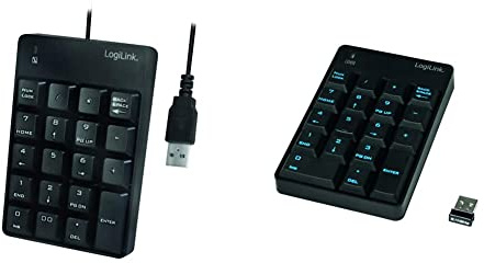 Logilink ID0120 - Kabelloses Keypad Ziffernblock mit 18 Tasten für Windows 2000/XP/ME/VISTA/7/8/10, Schwarz & ID0184 Numerische Zusatztastatur mit USB-Anschluss mit LED-Aktivitätsanzeige Schwarz