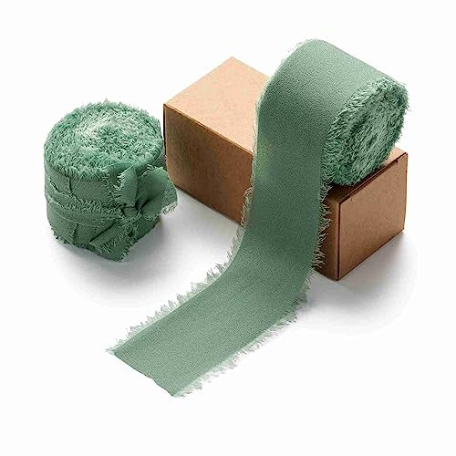 AOKSUNOVA Chiffonband 3,8cm Schleifenband Geschenkband Grün | 2 Rollen Breites Band mit Fransenstruktur als Stoffband für Hochzeit, Einladungen, Sträuße und Kreative Dekorationen
