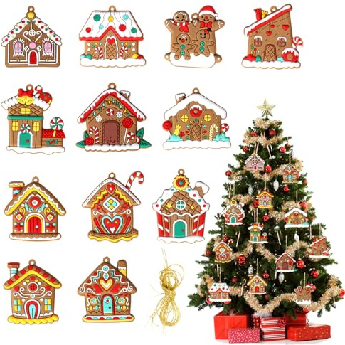 KASESSS 12 Piezas Adornos Colgantes Navidad, Casa de Pan de Jengibre Decoracion Navidad, Colgante de Adornos Navidad, Adornos Arbol Navidad con Cuerda, Decoración Árbol Navidad para Casa, Fiesta