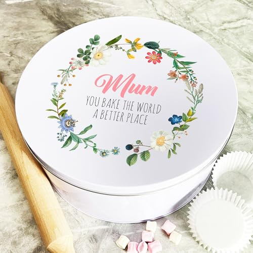 Personalised Round Mum Bake The World A Better Place Baking Treats Cake Tin Personalised Gift | Custom Gift | Personalized Tin | Cake, Biscuit & Treat Tins | Gift For Her | Gift For Him