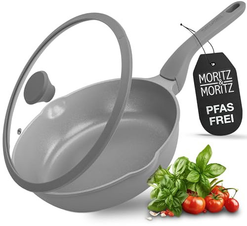 Moritz & Moritz 26cm Non-Stick Frying Pan with Glass Lid – Induction Compatible, Soft-Touch Handle, Deep Sauté Skillet – Oven Safe, PFOA-Free, Ideal for All Hobs