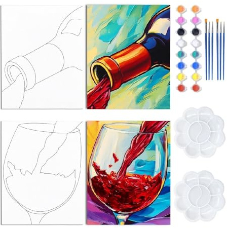 WEBEEDY Mal Und Sip Set Vorgezeichnete Leinwand 20x25cm Paare Gießen Wein Leinwand Malset Für Erwachsene Date Night Malparty Favor Valentinstag Weihnachten Jahrestagsgeschenk 2 Packung