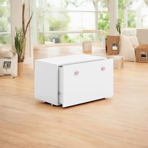 Dmora Mesita de Noche Torun, cómoda Baja, Mesa de Noche, Estante de Cama, 42 x 42 x 71 cm, Blanco y Rosa