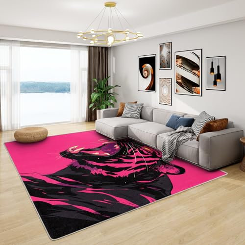 Tiger Teppich Rosa - Teppich Wohnzimmer Schlafzimmer Tiger Muster, Großer Teppich Schwarz Rosa, Weich Kurzflor & Waschbar & rutschfest Wohnzimmerteppich, Kinderteppich, Bettvorleger 120x180 cm