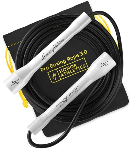 Honor Athletics Pro Boxing Rope 3.0 – Hopprep 5,3 mm TPU-PVC, justerbar 3,05 m, inomhus/utomhus, för boxning & MMA, trasselfritt/anti-kink, halkfria, okrossbara handtag (Vita handtag/Svart rep)