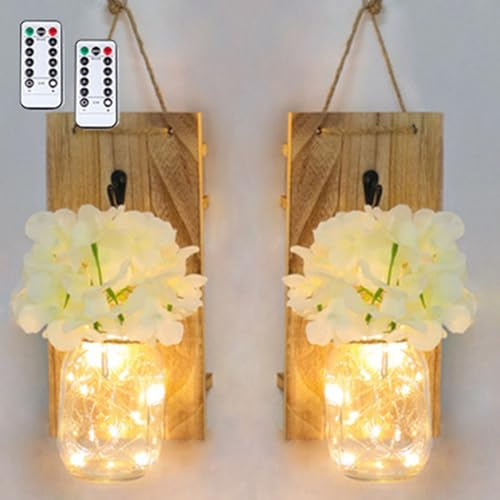 2PCS Hanging Glass Mason Jars LED Fairy Lights Wall Hanging Home Lighting Battery Operated Decorative Indoor String Lights for Home Bedroom Party Christmas Decorations