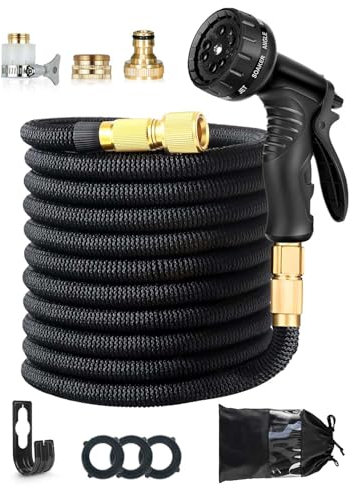 150FT Expandable Garden Hose, Leakproof with 10-Function Spray Nozzle, 1/2 & 3/4 Brass Fittings, for Gardening, Car Washing, Easy to Carry(Black)