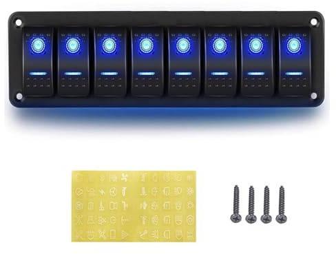 Avutrel 8 Gang Wippschalter-Panel, Wasserdichte Schalter Panel, Kippschalter Panel12V/24V mit blauer LED-Leuchte Wippschalter für Marine boot Wohnmobil Fahrzeuge LKW