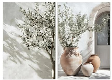 2 Stück neutraler Olivenbaum-Leinwanddruck, Vase, Poster, Retro, botanische Landschaftskunst, Gemälde für Wohnzimmer, Heimdekoration, Kunst, 50 x 70 cm x 2, rahmenlos