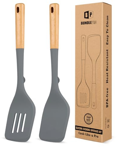Pack of 2 Large Silicone Spatula, Heat Resistant Solid Turner, Non Stick Slotted Spatulas with Wooden Handle, Ideal Kitchen Utensils for Flipping, Pancakes, Eggs, Fish(Gray)