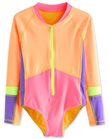 Girls Swimsuit Long Sleeve One Piece Swimming Costume UPF50+ Junior Kids Bathing Suit for Girls 8 Years, Pink and Orange Colour-Block