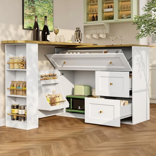 Sweiko Table de Bar Extensible avec Espace de Rangement (138-204 × 39 × 105 cm), armoires de Cuisine, Buffet avec étagère à Snacks, Table de café (White)