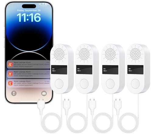 WiFi Water Leak Detector 4 Pack - Smart Water Leak Sensors with Tuya App Alerts, 130dB Loud Siren, 39 Extended Probe, Battery Powered, No Hub Required for Kitchen Bathroom Basement Laundry Room