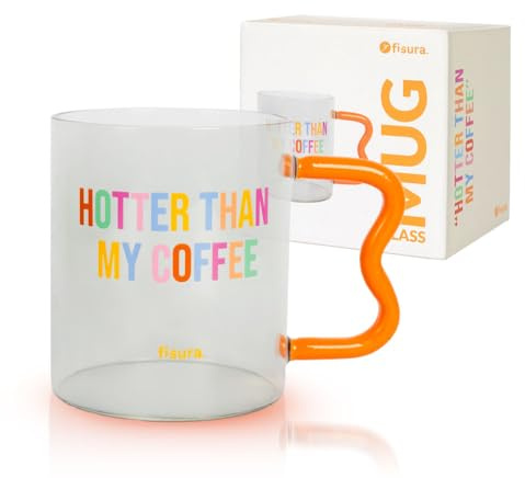 Fisura – Taza de café de cristal con mensaje “hotter”. Taza de borosilicato con asa original naranja. Vaso de cristal para té o café. 410 ml de capacidad.