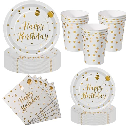 Nkaiso Kit Vaisselle Jetable Anniversaire 50 Pièces Blanc Or - 10 Assiettes Plates, 10 Assiettes Dessert, 10 Gobelets, 20 Serviettes - Pour Decoration Anniversaire Party - 10 Invités