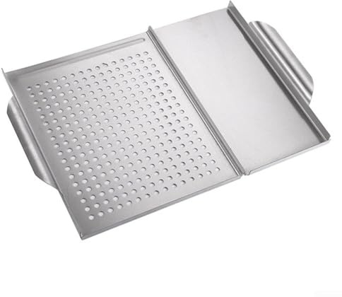 GANCEI Rostfritt stål 2-i-1 BBQ-grillbricka 30,7 x 45 cm med perforerad för jämn värme och enkel rengöring av fisk, kebabs och grönsaker medan du lagar utomhus (grillskål)
