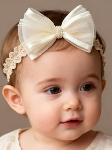 ICKEYOU Baby Girls Hairbands bows Headband Stretchy Soft Flower Hairband Toddler Handmade Headbands with Pearls Elastic Headband for Infant Toddler Girl Hair Accessories (Pearl Bow, Elastic)