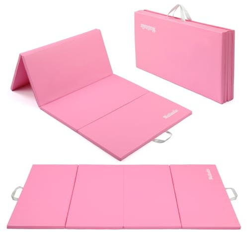 Matladin 8 FT/6FT Folding Gymnastics Gym Exercise Aerobics Mat, PU Leather Tumbling Mats for Stretching Yoga Cheerleading Martial Arts, Play (Light pink 6‘x3'x1in)
