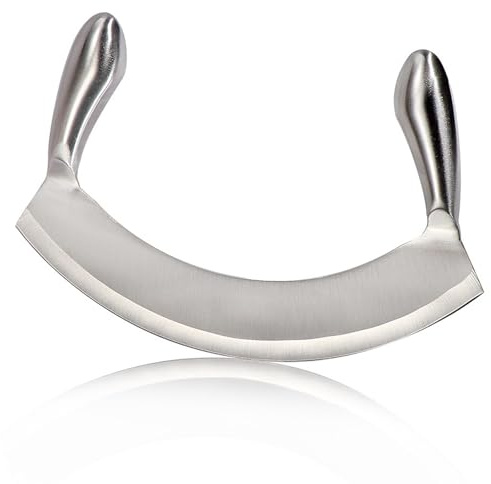 Xiciki Edelstahl Wiegemesser, 22cm Wiegemesser Kräuter, Pizzaschneider Effizientes Hacken von Kräutern, Brot, Salat, Nüssen - Ergonomischer Griff, Spülmaschinenfest, Rostfrei, Nahtlos