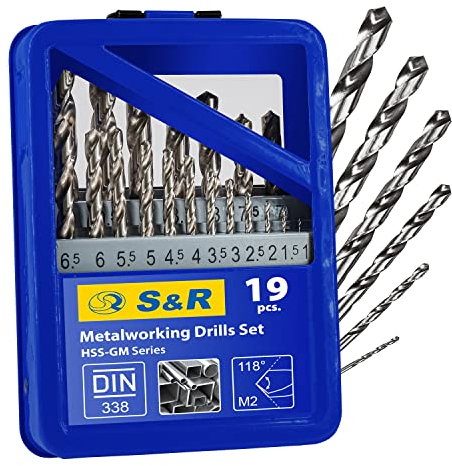 S&R Punte Trapano Metallo Acciaio HSS Rettificate per Ferro 1-10 mm, 118°, Set 19 pezzi, serie GM, DIN 338. Scatola di metallo Qualità Industriale